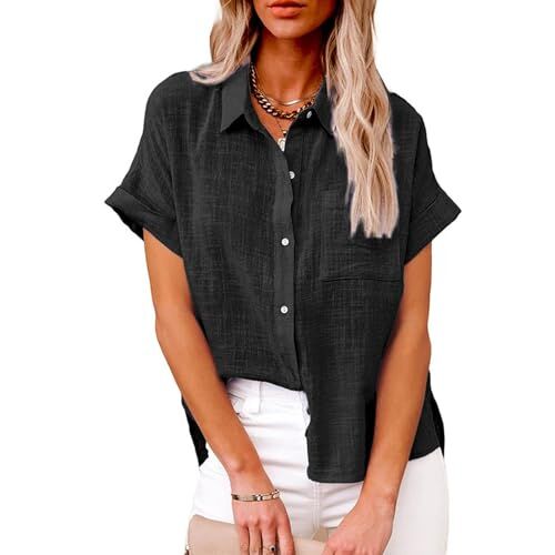 GuyAna Camicia abbottonata in lino da donna, polo estiva a maniche corte, scollo a V a maniche corte da donna (3XL,black)