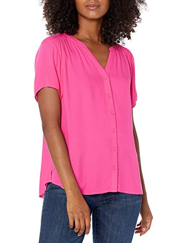 Amazon Essentials Camicetta in Tessuto a Maniche Corte Donna, Rosa Brillante, XS