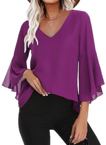 Gyabnw Camicetta Donna Casual in Chiffon Estiva Camicia Elegante Traspirante di 3/4 Manica a Volant Scollo a V Blusa Leggero Classiaca Viola, XL