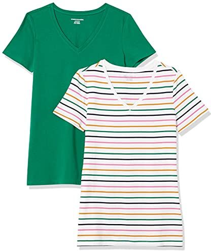 Amazon Essentials T-Shirt con Scollo a v a Maniche Corte con vestibilità Classica Donna, Pacco da 2, Bianco Righe/Verde Scuro, XS