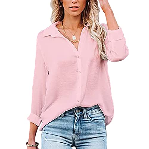 Baynetin Camicia Donna Manica Lunga/Corte Blusa con Scollo a V Bottoni Elegante Casual Curvy da Lavoro Facile Ferro Stiro Business Tops Shirt (Rosa, L)