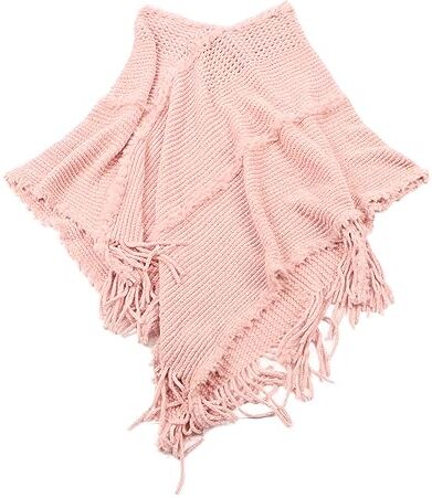 EVTSCAN Poncho da Donna Maglione Pelle Rosa Decorazioni in Pizzo Nappa Scialle con Frange Avvolgente Mantella Lavorata a Maglia di Cashmere