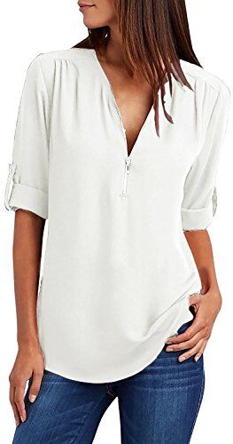 Yuson Girl Donne Camicette Manica Lunga Camicie Scollo a V con Cerniera Casual Bluse e Camicie Eleganti Shirt Tinta Unita Puro Colore Tops(Weiss, XL)