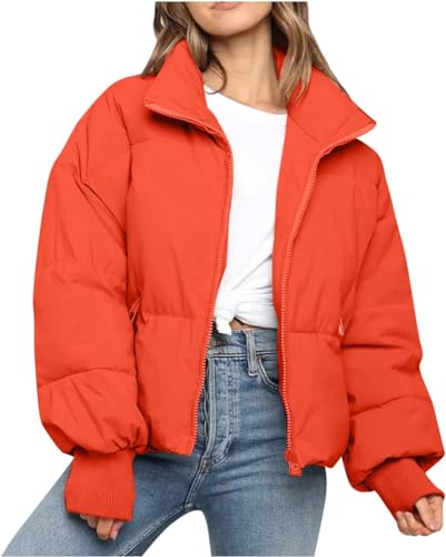 CROKZ Piumino invernale da donna corto con zip intera manica lunga tasca calda trapuntata imbottita a bolle cappotto / 210 (Color : #2 Orange, Size : Small)