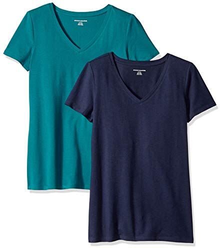 Amazon Essentials T-Shirt con Scollo a v a Maniche Corte con vestibilità Classica Donna, Pacco da 2, Verde Scuro/Blu Marino, XS