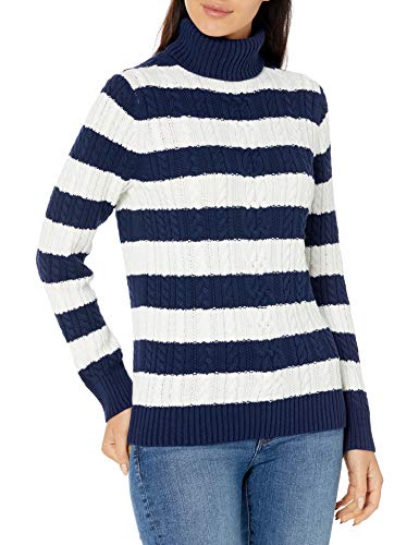 Amazon Essentials Maglione A Collo Alto Intrecciato con Screziatura (Taglie Forti Disponibili) Donna, Blu Marino Bianco Righe da Rugby, XS