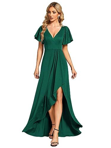 Ever-Pretty Vestito da Sera Donna Elegante Stile Impero Scollo a V Maniche Corte Lungo Abito da Sera EE01738 Verde Scuro 38