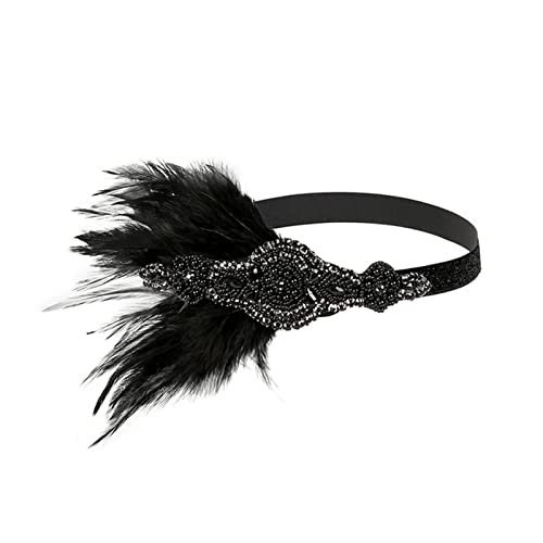 GERRIT Fascia Di Piume Rhinestone Beaded Sequin Hair Band 1920S Vintage Party Headpiece Women Flapper Feather Fascia Fascia Abbigliamento Paesaggio Fascia Piume Di Pavone (Color : Noir)