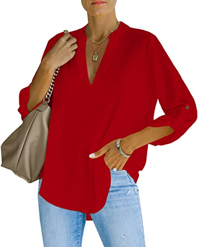 NONSAR Camicetta da donna Henley, elegante, con scollo a V, maniche arrotolabili, in stile casual, Colore: rosso, S