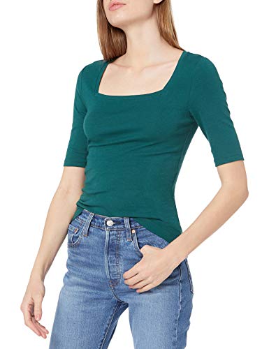 Amazon Essentials T-Shirt Aderente con Scollo Quadrato e Mezze Maniche Donna, Verde Scuro, L