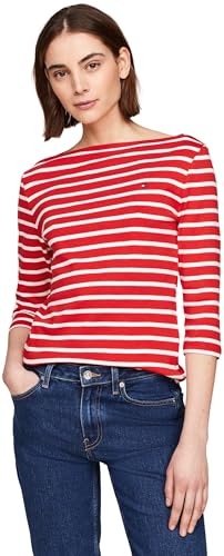 Tommy Hilfiger Maglietta Maniche Lunghe Donna Slim Scollo a Barca, Multicolore (Breton Fierce Red/Ecru), XS