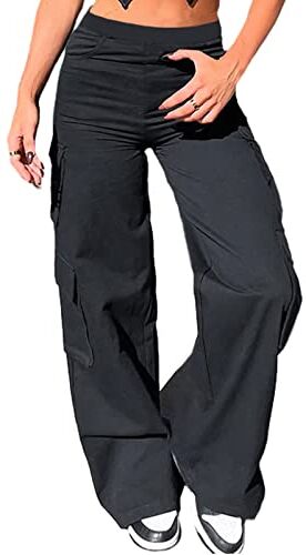 Nuofengkudu Cargo Pantaloni Larghi Donna Elasticizzati Elastico Vita Alta con Tasche Bootcut Palazzo Lunga Lavoro Pantalone Zampa Leggins Comodi Sportiva Casual Classici Pants Nero S