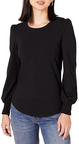 Amazon Essentials T-Shirt Girocollo a Manica Lunga con Polsini Punto Smock Donna, Nero, XS