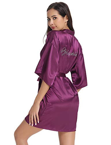 Vlazom Kimono In Raso da Donna,Camicie da Notte Sexy Elegante Scollo V con Cintura Tasche Abito Corto Accappatoi e Vestaglie da Sposa,XXL,F-Viola Scuro