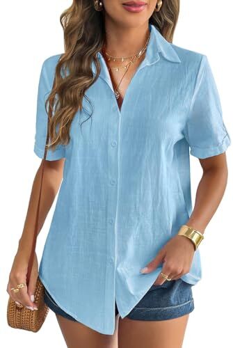 WINKEEY Camicia Donna Elegante Bluse e Camicie Cotone Camicetta Manica Corta Lino Maglia Scollo a V Blusa Maglietta Casual Business Top con Bottoni,Blu L