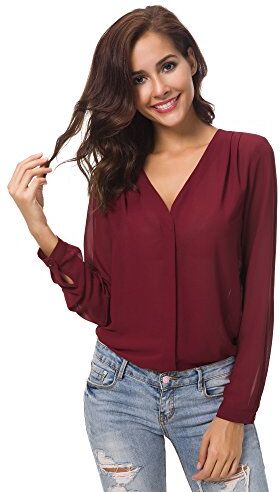 Urban GoCo Donne Camicette Manica Lunga Pieghe Chiffon con Scollo V Colore Puro Camicia Blusa Rosso Bordeaux L