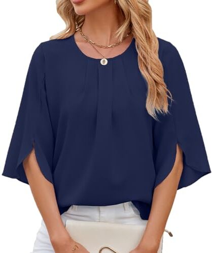 OLIPHEE Classico Camicia Girocollo Donna Manica a 1/2 Chiffon Blusa Plissettata Estiva Elegante Top (S, Blu Navy)