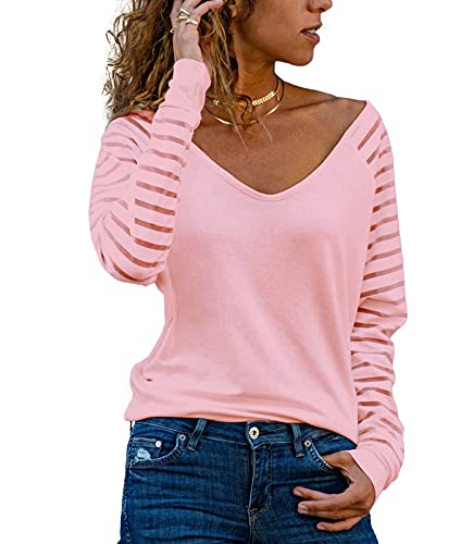 Homlan . Maglietta a maniche lunghe da donna, con scollo a V, in tessuto mesh, elegante, casual, Colore: rosa., XXL