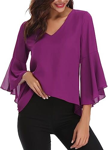 Gyabnw Camicetta Donna Casual in Chiffon Estiva Camicia Elegante Traspirante di 3/4 Manica a Volant Scollo a V Blusa Leggero Classiaca Viola, M