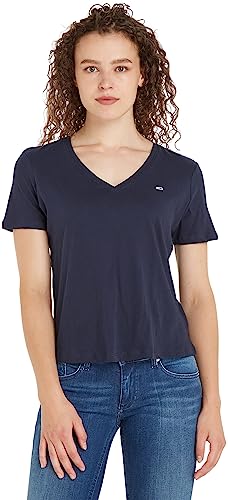 Tommy Jeans T-shirt Maniche Corte Donna TJW Slim Soft Scollo a V, Blu (Twilight Navy), XXS