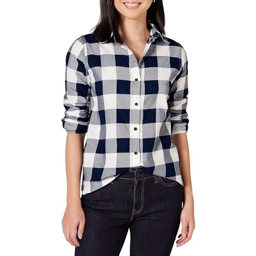 Amazon Essentials Camicia in Flanella a Quadri Leggera a Maniche Lunghe e vestibilità Classica Donna, Blu Marino Buffalo Plaid, L