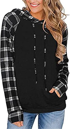 ABYOVRT Donna Felpa con Cappuccio Maniche Lunghe Plaid Camicette Inverno Autunno Patchwork Tops Pullover Maglietta,Z-Nero,XL