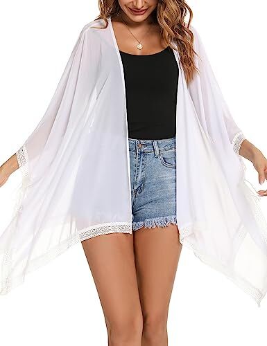 Irevial Cardigan Donna in Chiffon, Elegante Cardigan Donna, Chiffon Floral Kimono Donna Estivo, Casual Copricostume Cardigan Mare Donna Elegante a Maniche 3/4 per Mare, Party, Vacanze, Bianco, M