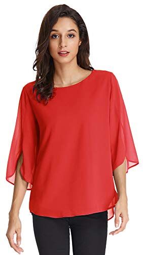 GRACE KARIN Blusa da Donna Top Manica a Corta Blusa di Chiffon Maniche 3/4 Larghe Camicetta Donna Chiffon Elegante Rosso 2XL CLAF15-15