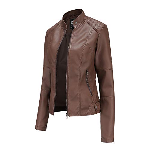 Hiser Giacca Corta da Donna in Pelle PU Giacca Tasche con Cerniera Vintage Cappotti Manica Lunga l'autunno e l'inverno Bike Motocicletta Giacchetto Jacket (Marrone,XL)