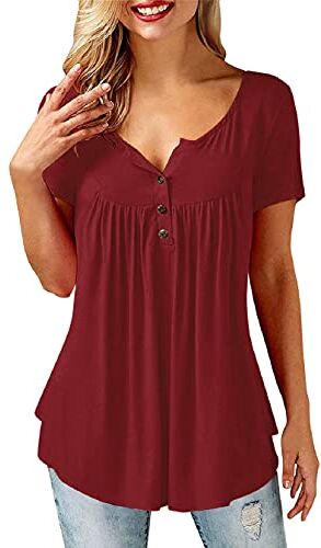 Tuopuda Magliette Donna Estive T-Shirt Ruffle Camicette Scollo a V Pullover Maglie a Maniche Corte/Manica Lunga Bottone Tops Allentato Shirt Camicia Pieghettata Bluse, Rosso, S