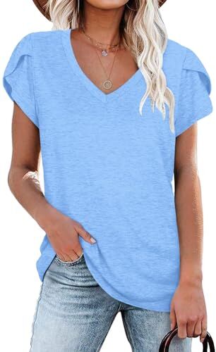 NARRAME T-Shirt da Donna Casual Manica a Petalo Top Estivi Tuniche a Maniche Corte Blu XL