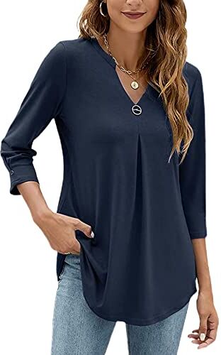 HANERDUN Camicetta Donna Manica a 3/4 Blusa Camicia con Scollo a V Tinta Unita Top Tunica Elegante