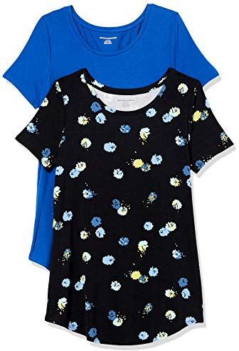 Amazon Essentials Tunica con Scollo Rotondo a Maniche Corte Donna, Pacco da 2, Bluette/Nero Floreale, M