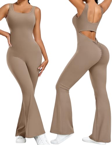 TOMEEK Tuta Donna Flared Tight Yoga Tuta Intera Senza Manica Jumpsuit Scrunch Butt One Piece Senza Schiena Elegante Playsuit Sportiva Elastica Tute Integrali Romper(Caffè chiaro,M)