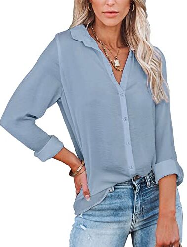 Yuson Girl Camicia Donna Camicetta da Donna con Scollo a V Casual Manica Lunga con Bottoni Colore Puro Elegante Camicie Shirt Primavera Estate Autunno Blusa Donna(Grigio, M)