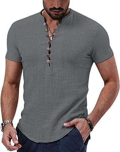 NIBESSER Camicia Lino Uomo Maniche Corte Camicia Uomo Elegante Estiva Camicia Coreana Uomo Casual con Bottoni Henley Shirt Tinta Unita Traspirante per Mare Spiaggia Vacanza, Grigio, S