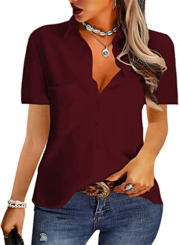 NONSAR Camicetta da Donna Elegante Scollo a V Camicette Manica Corta Casual Top da Lavoro con Bottoni Camicia Allentata Manica Corta Camicia di Colore Solido Magliette E Camicette