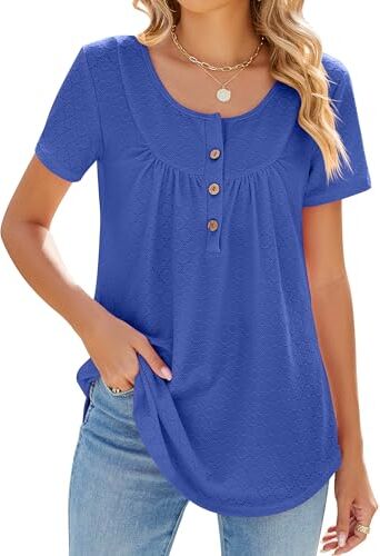 ZASFOU Donna Camicia Top Estive Magliette Elegante Manica Corta T Shirt Bottone Occhiello Tunica Blusa Camicetta