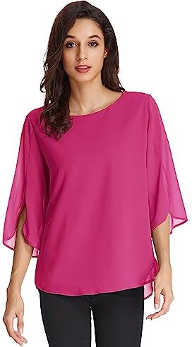 GRACE KARIN Donna Camicetta Larga in Chiffon Elegante Maniche Corte Top T-Shirt Scollo Tondo per Estivo Primavera Fuxia XL