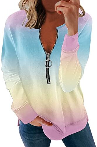 Generic Casual Gradient Pringting Zipper Long Sleeves Casual Camicetta Top Pullover Donna Glitter (rosa, XXL)