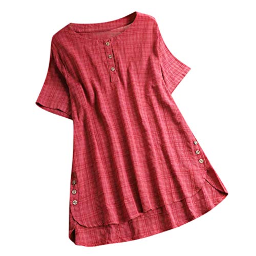 Evansamp-blouse Evansamp Camicetta da donna, a maniche corte, in cotone e lino, con bottoni rosso Red XL