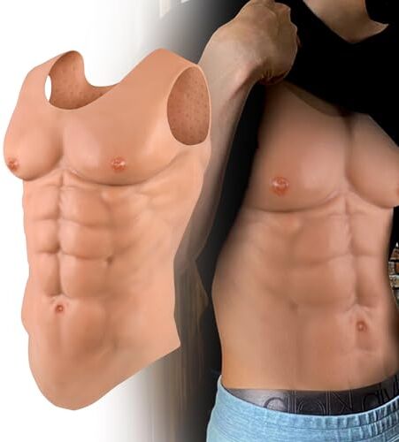 ICEVER Silicone Muscolare Tuta Donne Uomini Realistico Silicone Petto Maschio Fake Muscolo Pancia, Collo rotondo Petto per Cosplay Transgender Party (Bronzo, S)