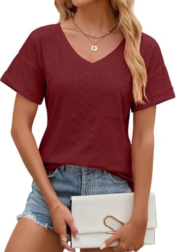 EDOTON Camicetta Donna Maglietta Lunghe Collo Rotondo Camicetta Casual Autunno Solida Manica Lunga Tops Tunica Donna (S,X Vino Rosso)