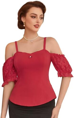 Belle Poque Camicetta Estiva da Spiaggia da Donna Camicetta Canotte Basic Canotta Elegante Canottiera Estiva Top a Maniche Corte in Cotone Top Elegante in Pizzo Rosso Intenso M BP0889S24-03