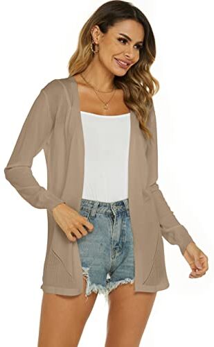 Ietaoo Cardigan Lungo Donna Elegante Manica Lunga Giacca Cardigan Casual Maglia Cappotto Leggero Aperto Davanti Cardigan per Estivo Primavera Beige L