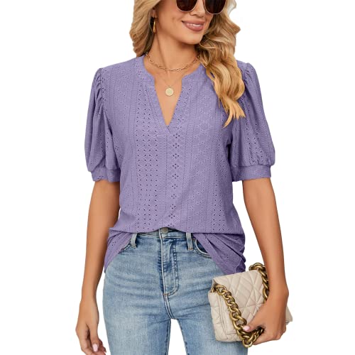 EDOTON Donna Maglietta Corte Scollo a V Camicetta Casual Estate Solida Hollow Bubble Sleeves Maglia Loose Tops Donna T-Shirts (L,A Viola)