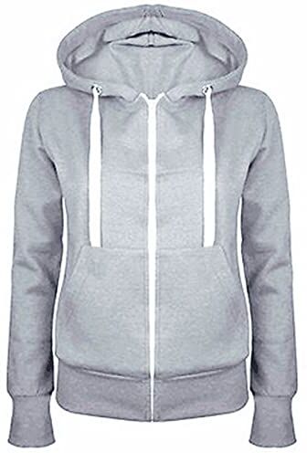 Masrin Felpa da donna Full Zip Giacca per le mezze stagioni, in tinta unita, con cappuccio, giacca college leggera, con cappuccio, in cotone, grigio chiaro, XXXL