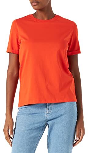 PIECES Pcria SS Fold Up Solid Tee Noos BC T-Shirt, Tango Mandarino, XL Donna