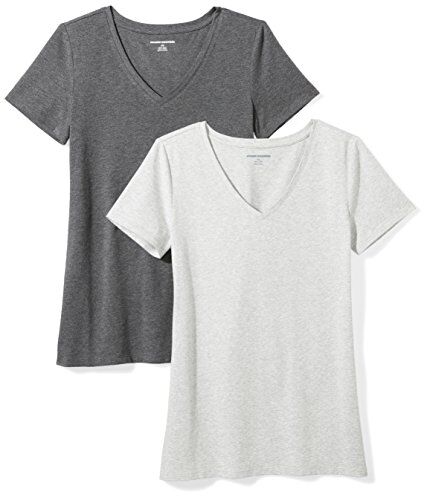 Amazon Essentials T-Shirt con Scollo a v a Maniche Corte con vestibilità Classica Donna, Pacco da 2, Carbone Puntinato/Grigio Chiaro Puntinato, XL