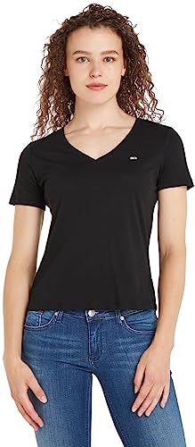 Tommy Jeans T-shirt Maniche Corte Donna TJW Slim Soft Scollo a V, Nero (Black), XS